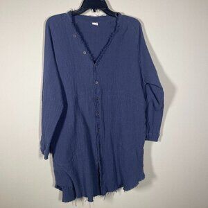 IGENJUN Smokey Blue Gauze Long Sleeve Tunic Top M Pockets Lagenlook Frayed!